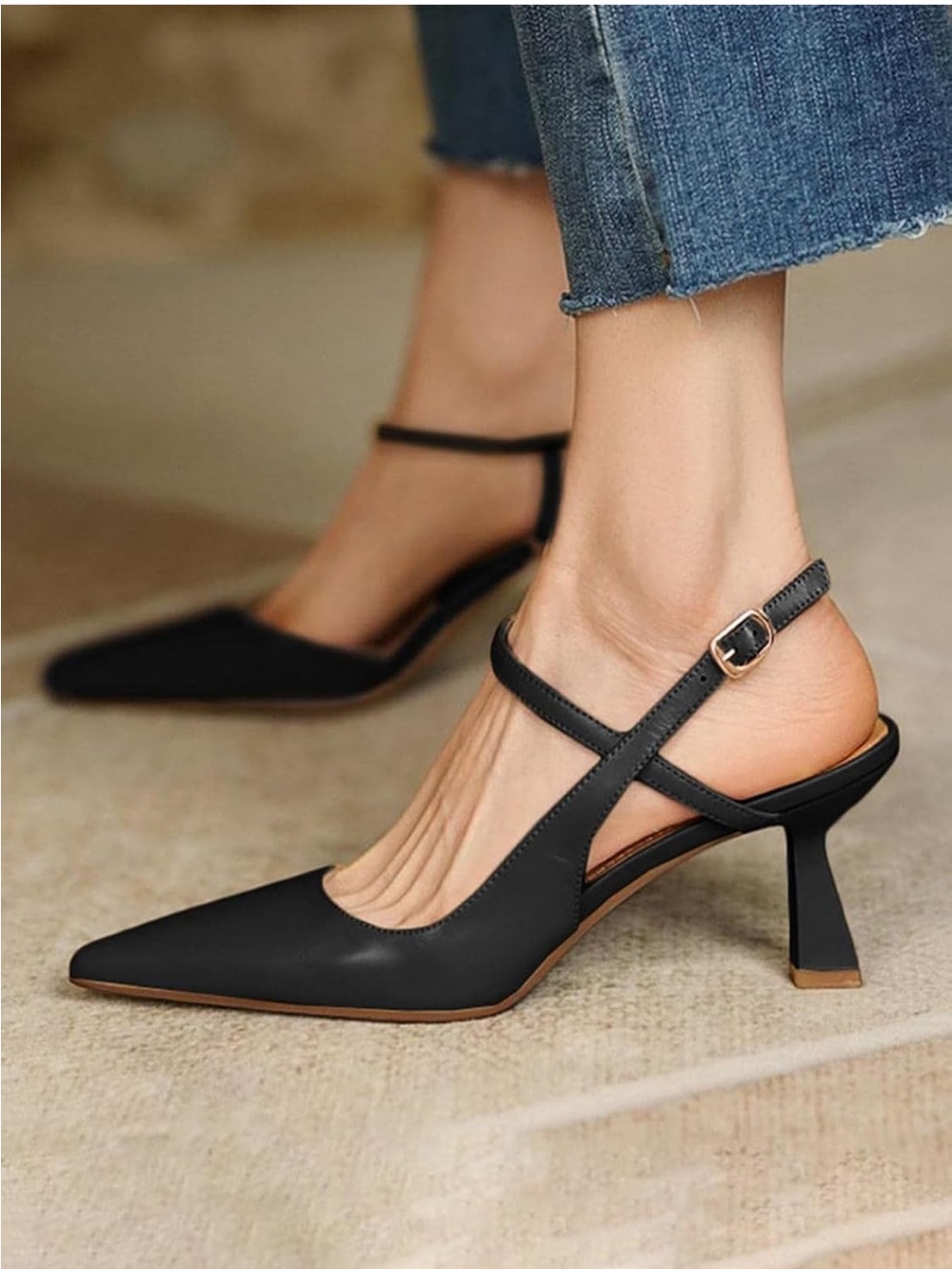 Classic Black Pointed-Toe Slingback Kitten Heels - Size 9